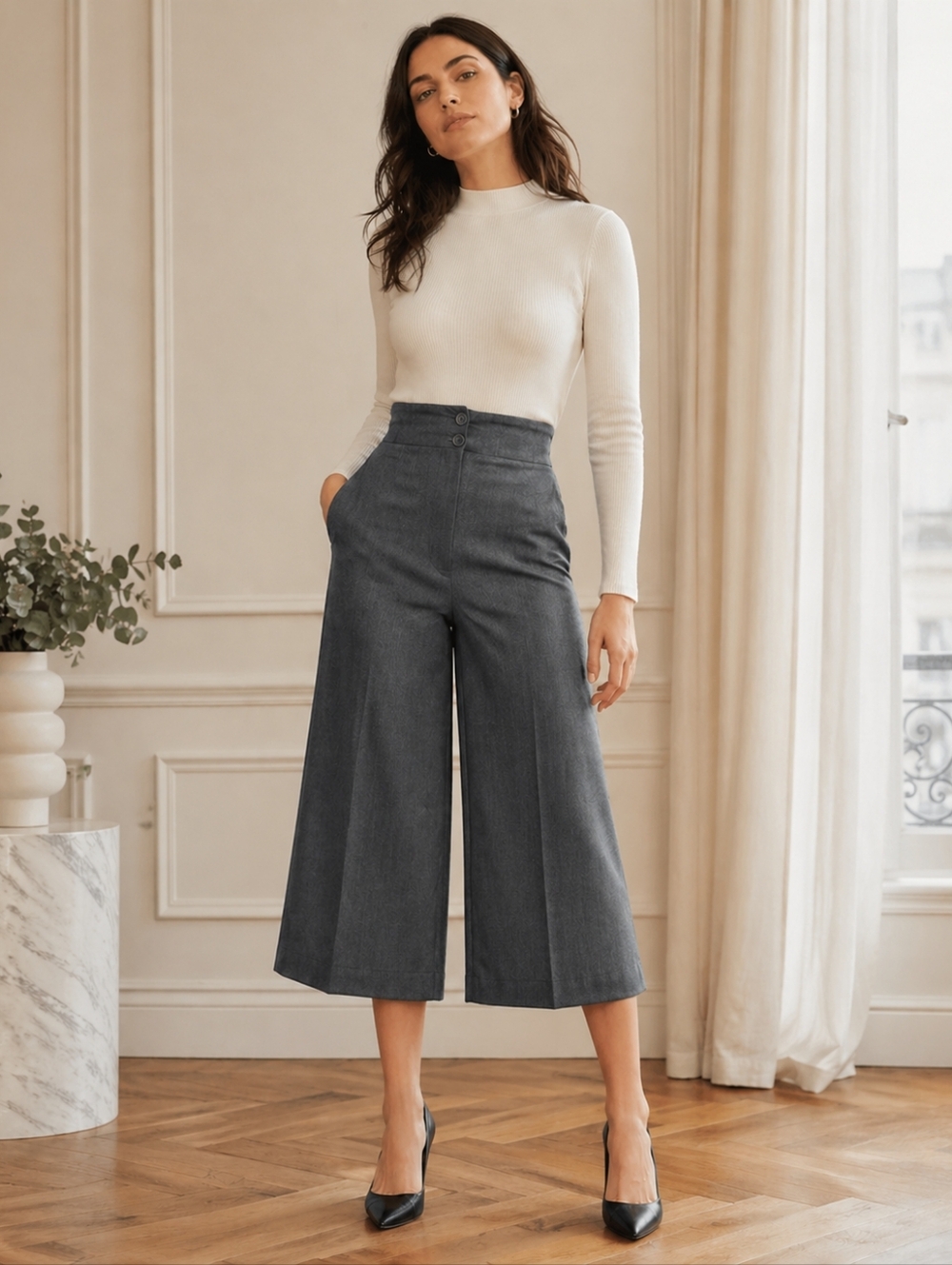 Spiegel Charcoal Gray Gaucho Culottes–Women’s Sz 12 High-Waisted Wide Leg Ca